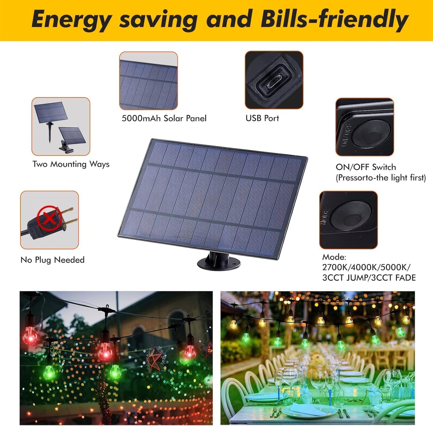 Auroraworld RGB Solar String Lights, 144FT Patio Lights， Commercial String Lights for Garden