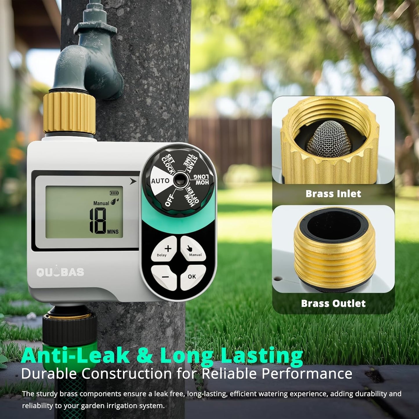 [2 Pack] QUOBAS Digital Water Timer, Programmable Sprinkler Controller, Large LCD Display, Auto/Manual/Delay Modes, for Garden Hose Watering and Drip Irrigation System