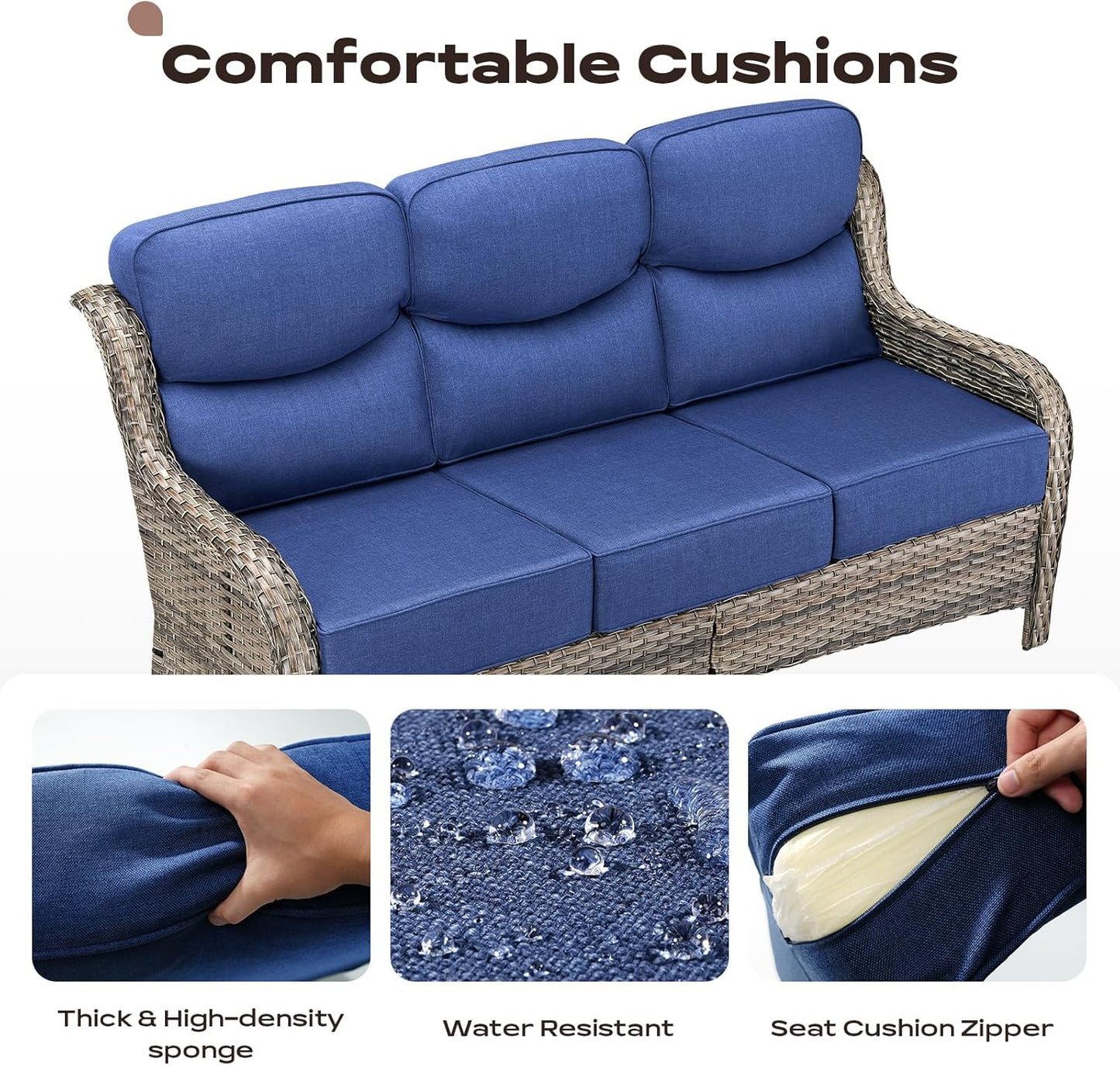 Wicker Outdoor Patio Furniture Set - 6 Piece Patio Conversation Sets with Swivel Rocker Chairs, Ottomans, Sofa and Coffee Table, 6 inch Cushions, Deep Seating, for Porch Deck Mixed Grey/Blue