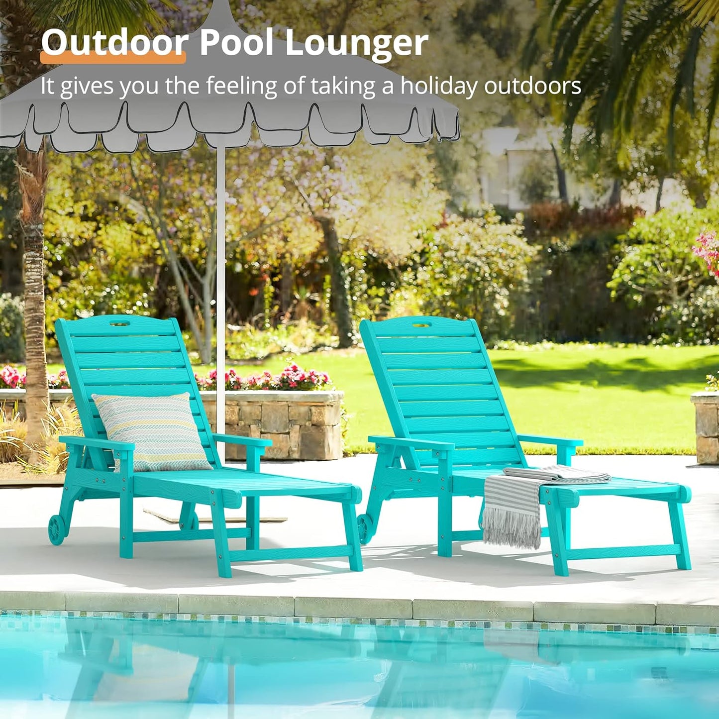 LUE BONA Chaise Lounge Chair with Table, 2-Piece, 79'' Oversized HDPS Chaise Lounger, 5 Positions Adjustable Lounge Chairs, Pool Lounge Chair with Wheels for Poolside, 3 Year Warranty, Aruba Blue