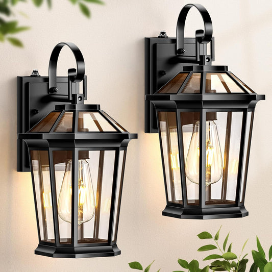 VIANIS Dusk to Dawn Outdoor Wall Lighting, Exterior Light Fixture Wall Mount for House Front Porch Light, Black Anti-Rust Aluminium Modern Outside Coach Lantern with Tempered Glass Shade for Garage