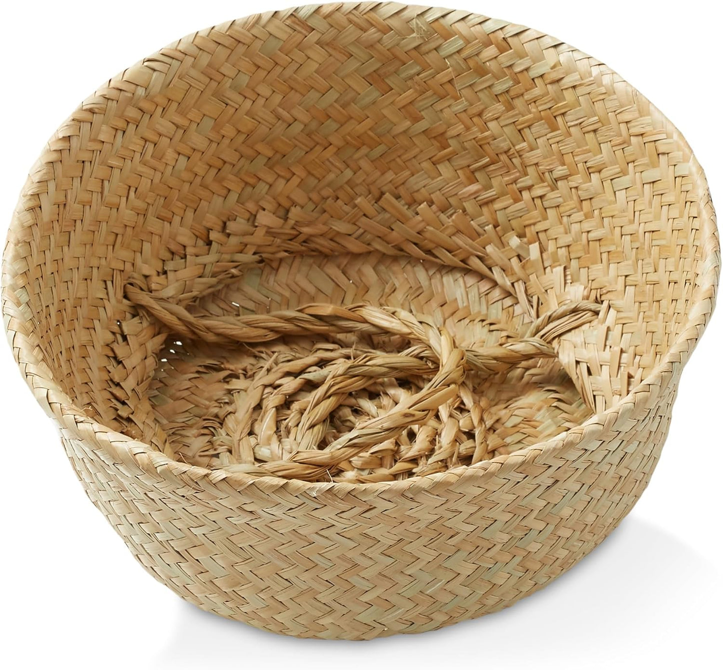 Casafield Seagrass Belly Storage Basket Planter with Handles - Small, Natural Woven Wicker Indoor Plant Pot Cover for Plants and Trees