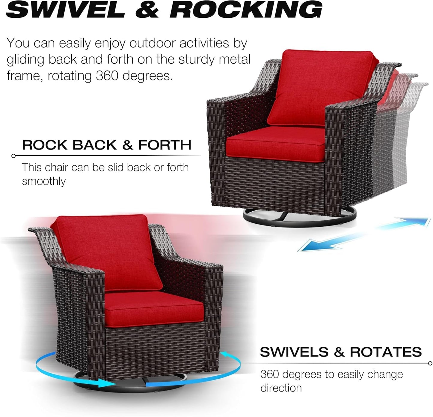 Joyside Wicker Patio Furniture Sets, 6 Pieces Upgraded Large Size Outdoor Furniture with Swivel Rocking Patio Chairs, Outdoor Ottoman, 3-Seat Sofa and Side Table, Thick Cushions, Wide Armrest