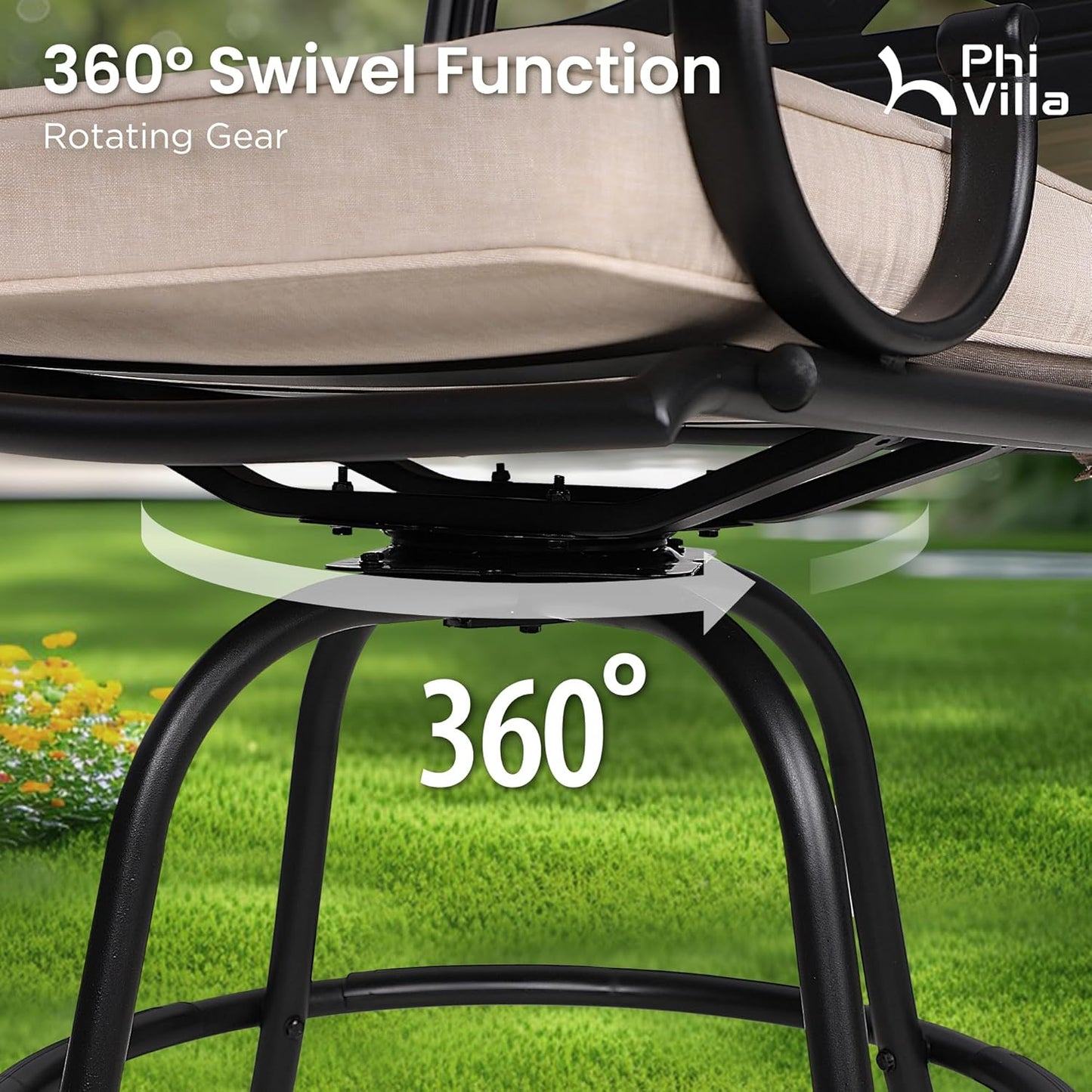 PHI VILLA Outdoor Swivel Bar Stools Set of 6，Patio Counter Height Bar Chairs with Back and Armrest，Metal,Black