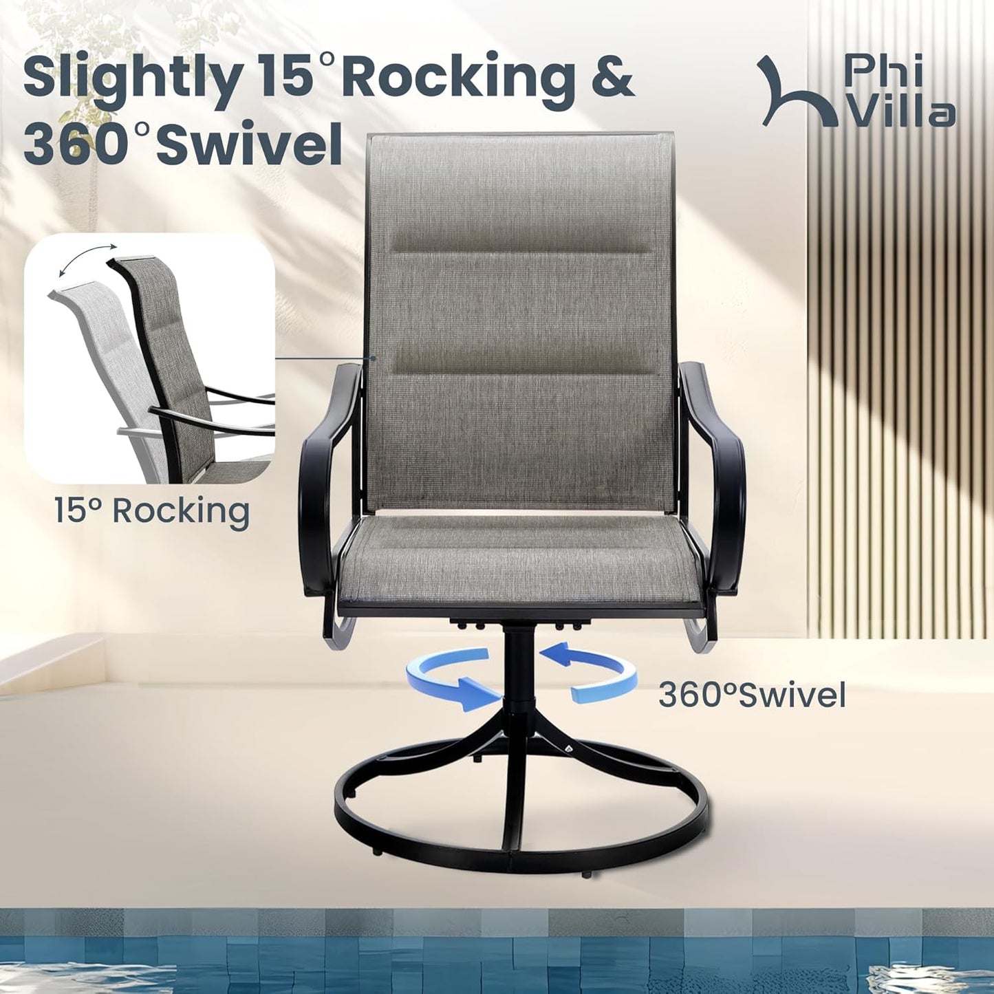 PHI VILLA Patio Swivel Dining Chair, Outdoor Metal Chairs with Padded Textilene, All Weather Patio Chair for Lawn Garden Poolside, Set of 8