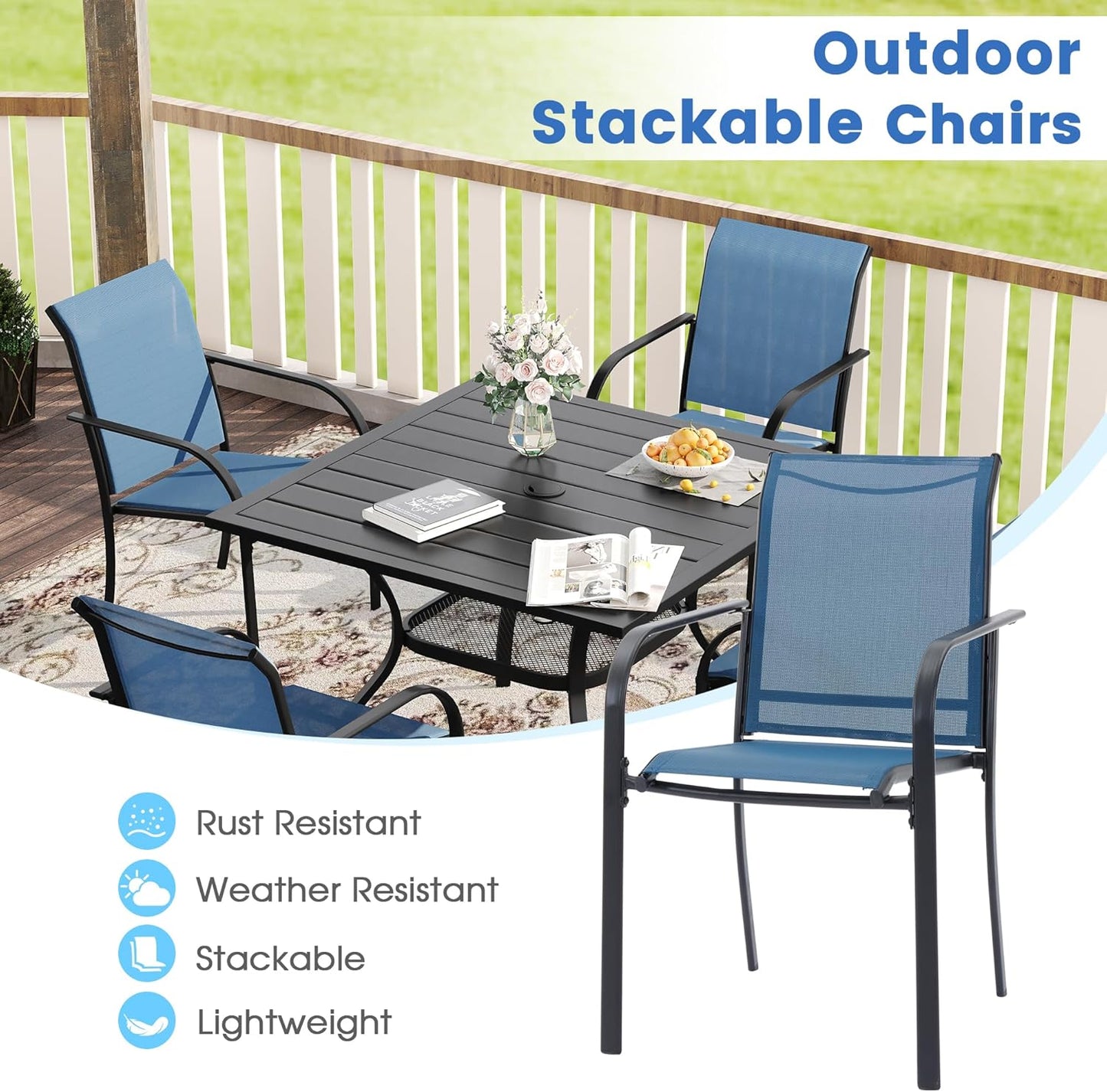 VICLLAX 11 Pieces Patio Dining Set for 10, Outdoor Furniture Set Includes 60" Round Outdoor Table and 10 Lawn Stackable Chairs, Black Tabletop and Blue Fabric