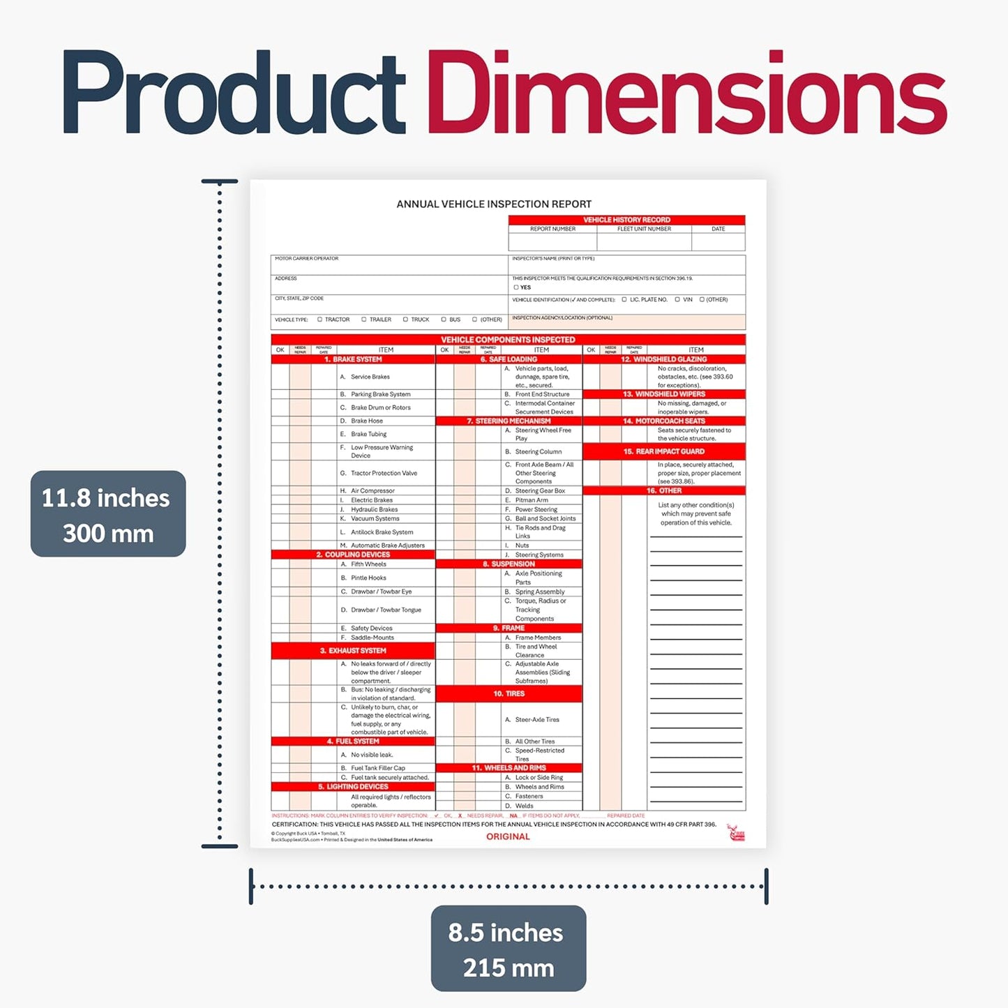 100 Pack 3-Ply Carbonless Annual Vehicle Inspection Report Forms with FMCSA 2-Ply Mylar Laminate Adhesive Vinyl Labels, DOT Inspection Forms and Stickers, Shrink-Wrapped, 8.5" x 11.75" - Made in USA