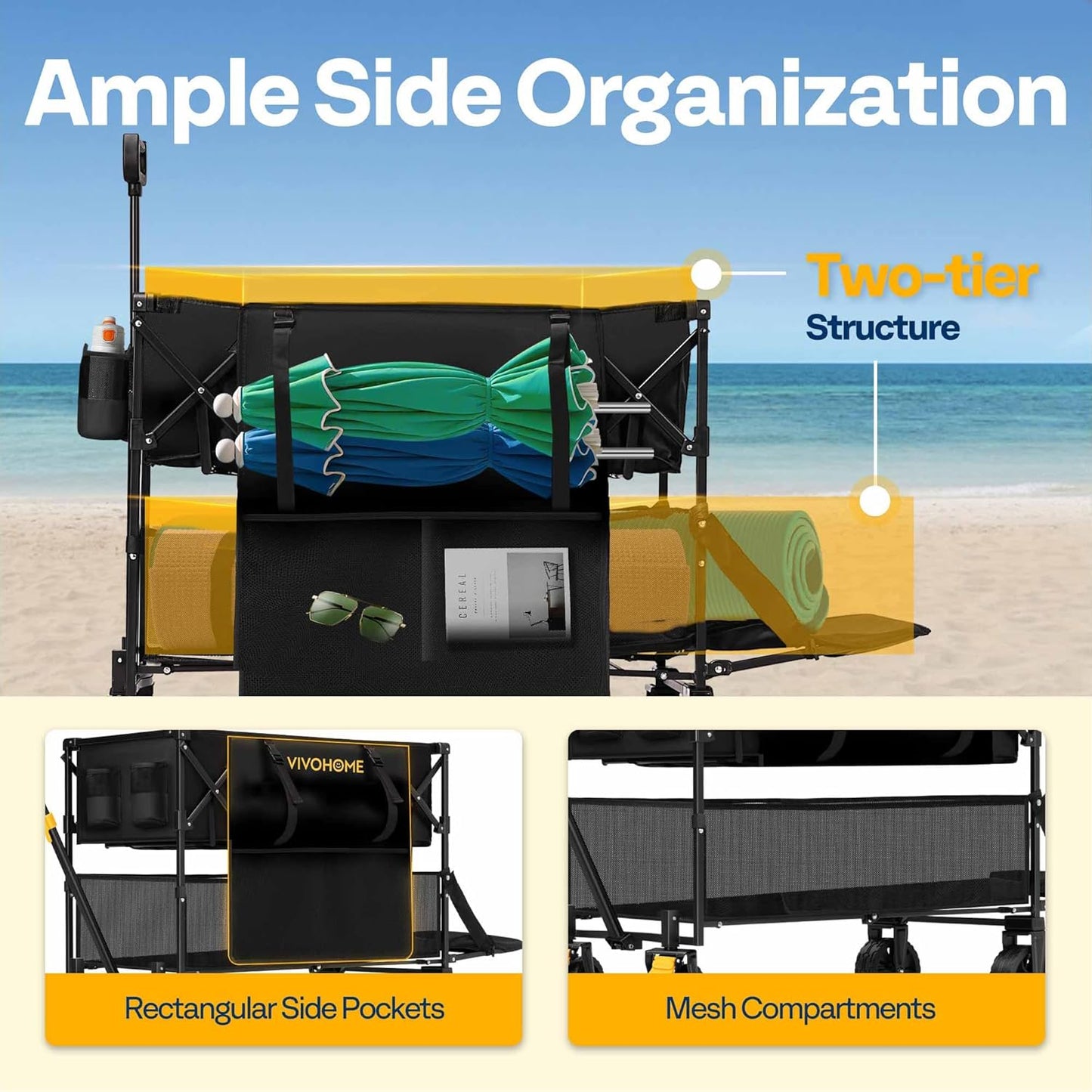 VIVOHOME 400L Large Capacity Double Decker Collapsible Wagon 500lbs Heavy Duty Utility Folding Cart with Big Wheels 53" Extended for Camping, Sports