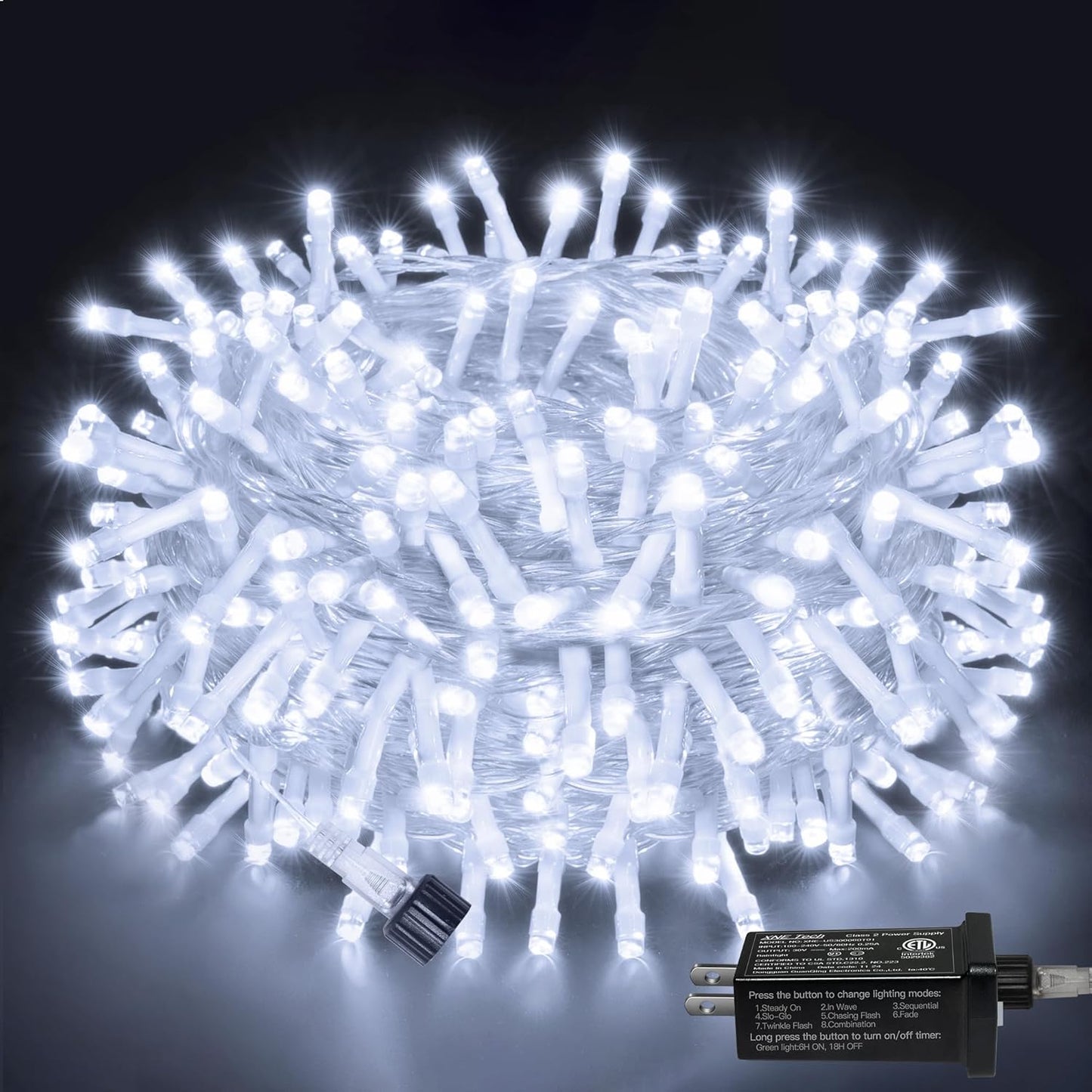 Ollny String Lights Indoor 200LED 60FT, Cool White Connectable Plug in LED Outdoor Light, 8 Modes Waterproof Timer Christmas Lights for Outside Bedroom House Party Wedding Camping