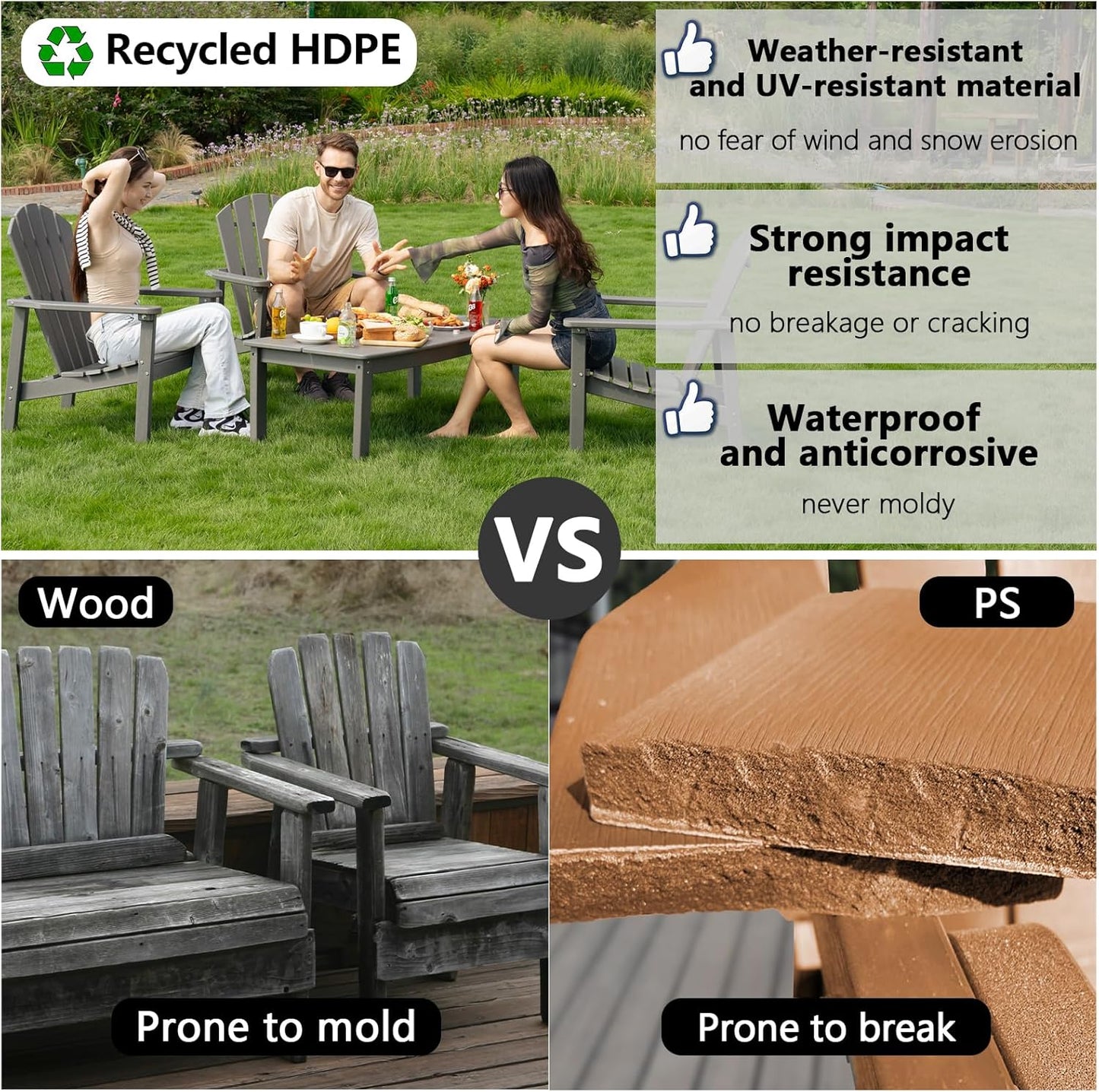 Stackable Adirondack Chair, HDPE Outdoor Patio Chair - Durable and Space Saving, Suitable for Porches, Lawns or Garden, Grey