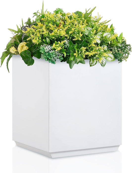 Metallic Heavy Cube Square Planter, No Assembly Required, Seamless Large Outdoor Planter, Tall Plants and Flowers 17'Lx17'Wx20'H 24lbs White