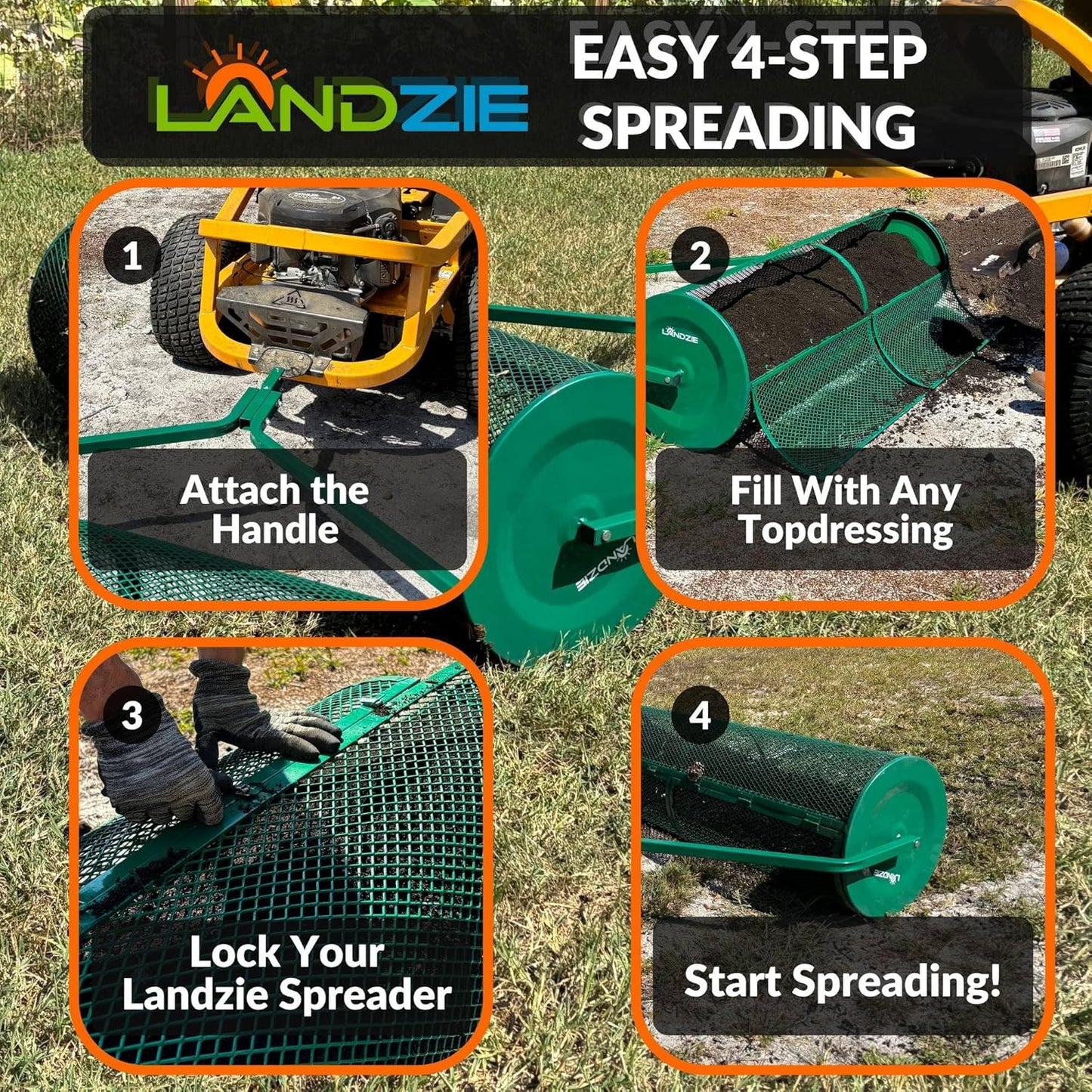 LANDZIE Lawn and Garden Spreaders - 60 x 20 Inch Tow-Behind Compost and Peat Moss Spreader for Large Lawns Commercial Landscaping - Effortlessly Spread Perfect Layer of Topdressing - Large Lawn Care