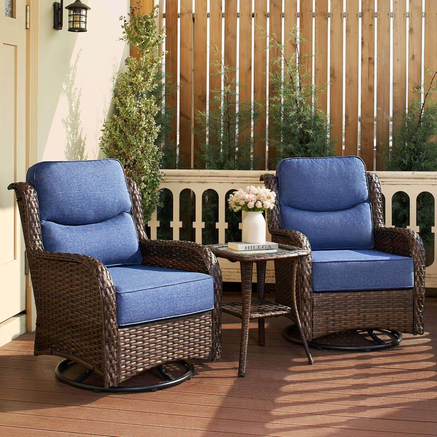 HILLGA Luxury Patio Furniture Set with 6-Inch Thick Cushions, High Back Outdoor Swivel Rocker Chairs and Table, 3-Piece All Weather Conversation Set for Porch Deck Balcony Yard, Blue (V3)