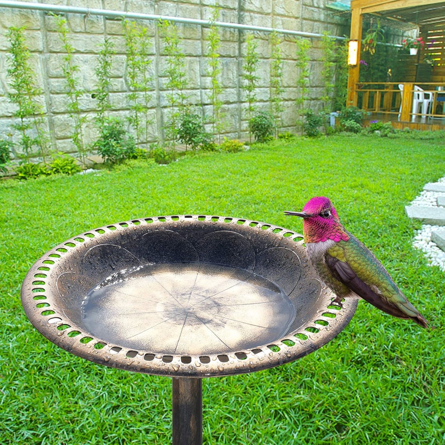 VINGLI Pedestal Bird Bath 28 Inch Antique Copper Resin Birdbaths Weather Resistant Floral Accents and Vintage Finish Garden Decor for Outdoor Lightweight Courtyard…