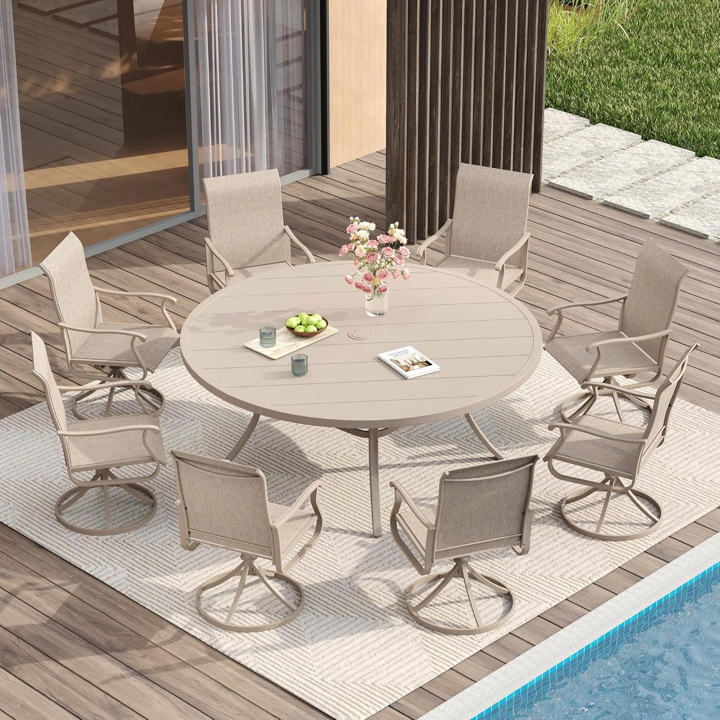 VICLLAX 60" Outdoor Round Patio Table for Lawn Garden, All Weather Metal Round Patio Dining Table with Adjustable Umbrella Hole, Outdoor Table for 8-10 Person, Cream Color Tabletop