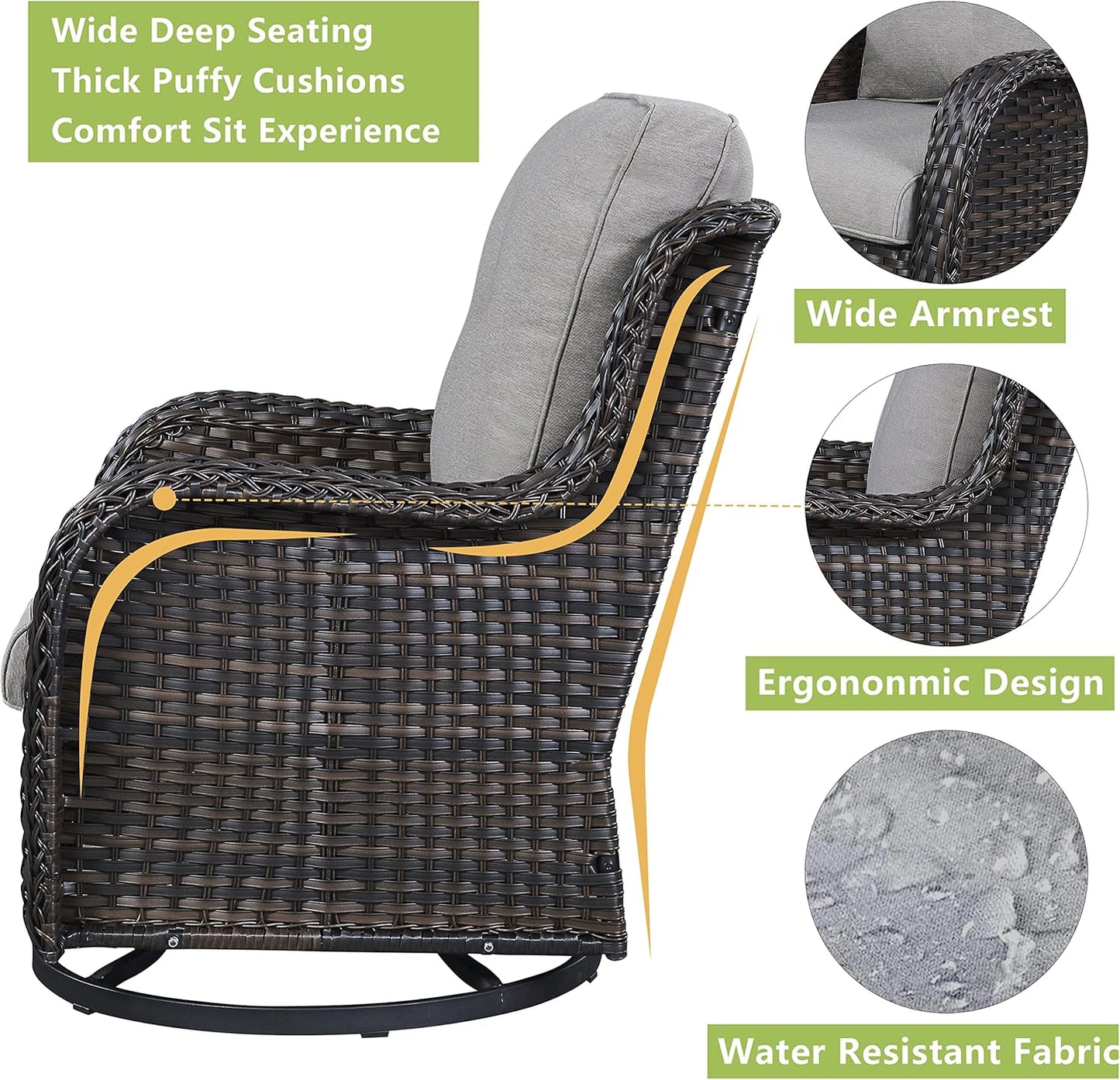 Outdoor Wicker Patio Furniture Set - 5 Piece Rattan Patio Conversation Set with 2 Rocking Swivel Chairs,2 Ottomans and 1 Sofa for Porch Deck Backyard Garden(Brown/Grey)