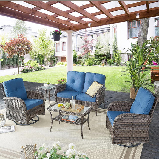 Patio Wicker Furniture with Swivel Rocker Chairs Loveseat, 5 Piece Rattan Furniture Outdoor Table and Chairs Set for Patio Deck Porch Backyard