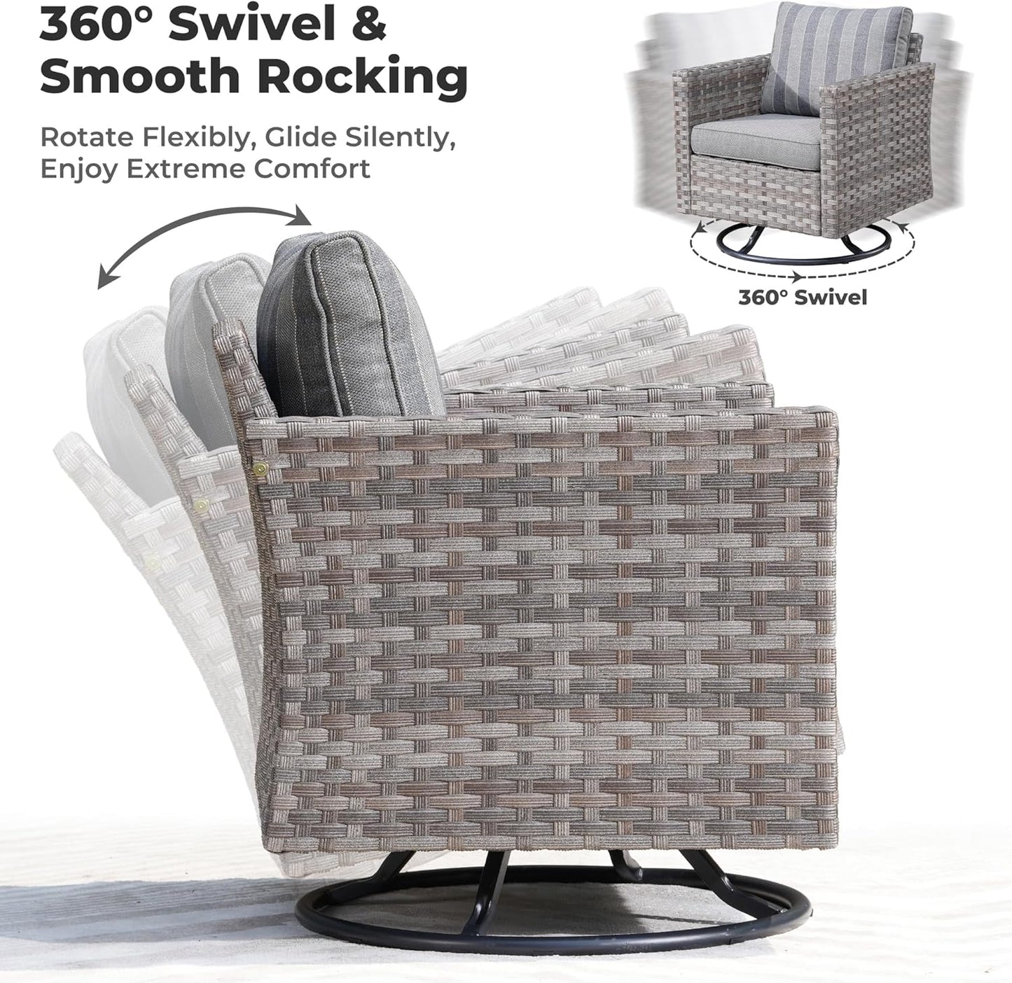 ovios 16 Pieces Patio Furniture Set, Outdoor Wicker Sectional Sofa with 54" Fire Pit Table Swivel Chairs, Modern Modular Deep Seat Rattan Couch Conversation Sets, Dark Gray Stripe