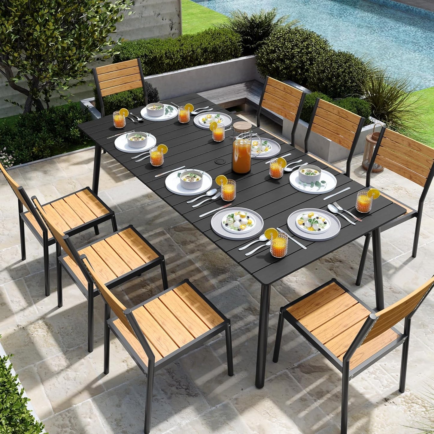 Outdoor Dining Table for 6-8, 82.7 inch Patio Dining Table with Wooden-Like Top and Aluminum Frame, Rectangular Table with Umbrella Hole Outdoor Furniture, Only Table, Black