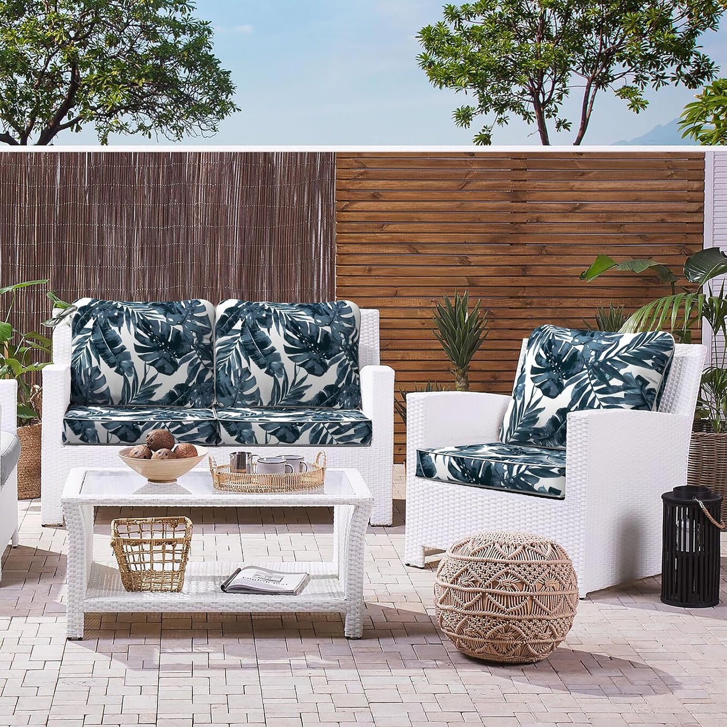 LVTXIII Outdoor Deep Seat Cushion Patio Seat and Back Cushion Set Seasonal Chair Cushion with Removable Cover and Adjustable Buckle for Home and Garden, 22"x22"x4", Palms Blue