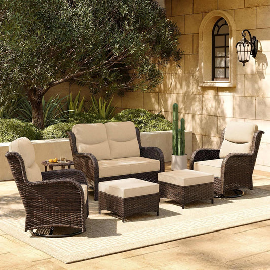 HILLGA Luxury Patio Furniture Set with 6-inch Thick Cushion, Outdoor Loveseat and High Back Swivel Rocker Patio Chairs, 6PCS Wicker Conversation Set for Deck Yard and Poolside, Beige (V2)