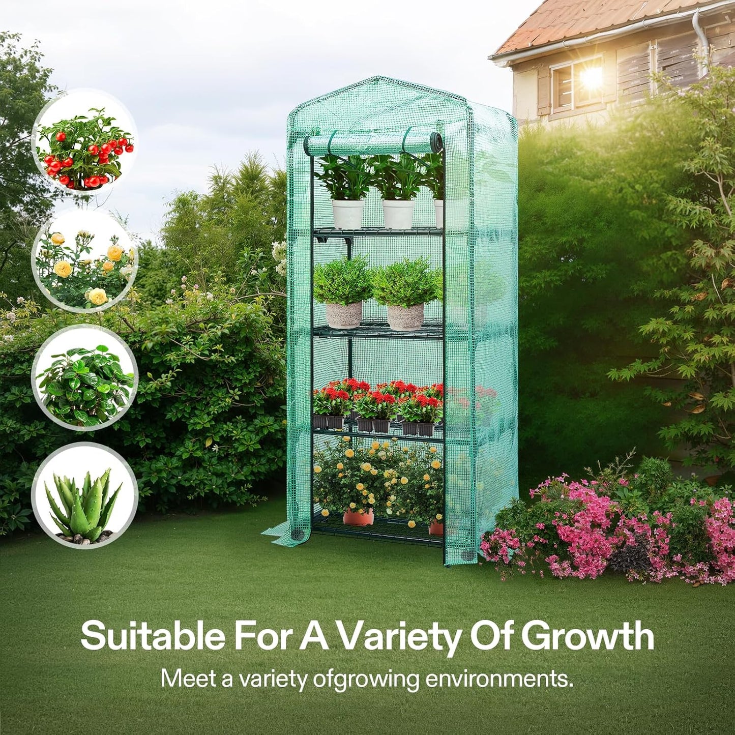 VIVOSUN Mini 4-Tier Greenhouse with Wheels, 27 x 19 x 63-Inch Reusable Portable Warm House with Green PE Cover and Shelf for Compact Garden and Small Backyards, with Wheels