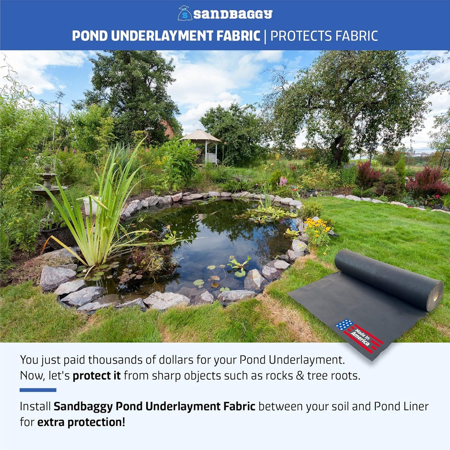 Sandbaggy Geotextile Pond Underlayment Padding | Made in USA | 50 YEAR Life* | Non Woven Fabric Protects Pond Liner From Damage | Made of Industrial Grade DOT Approved Fabric (15 ft x 15 ft or 225 sq ft)