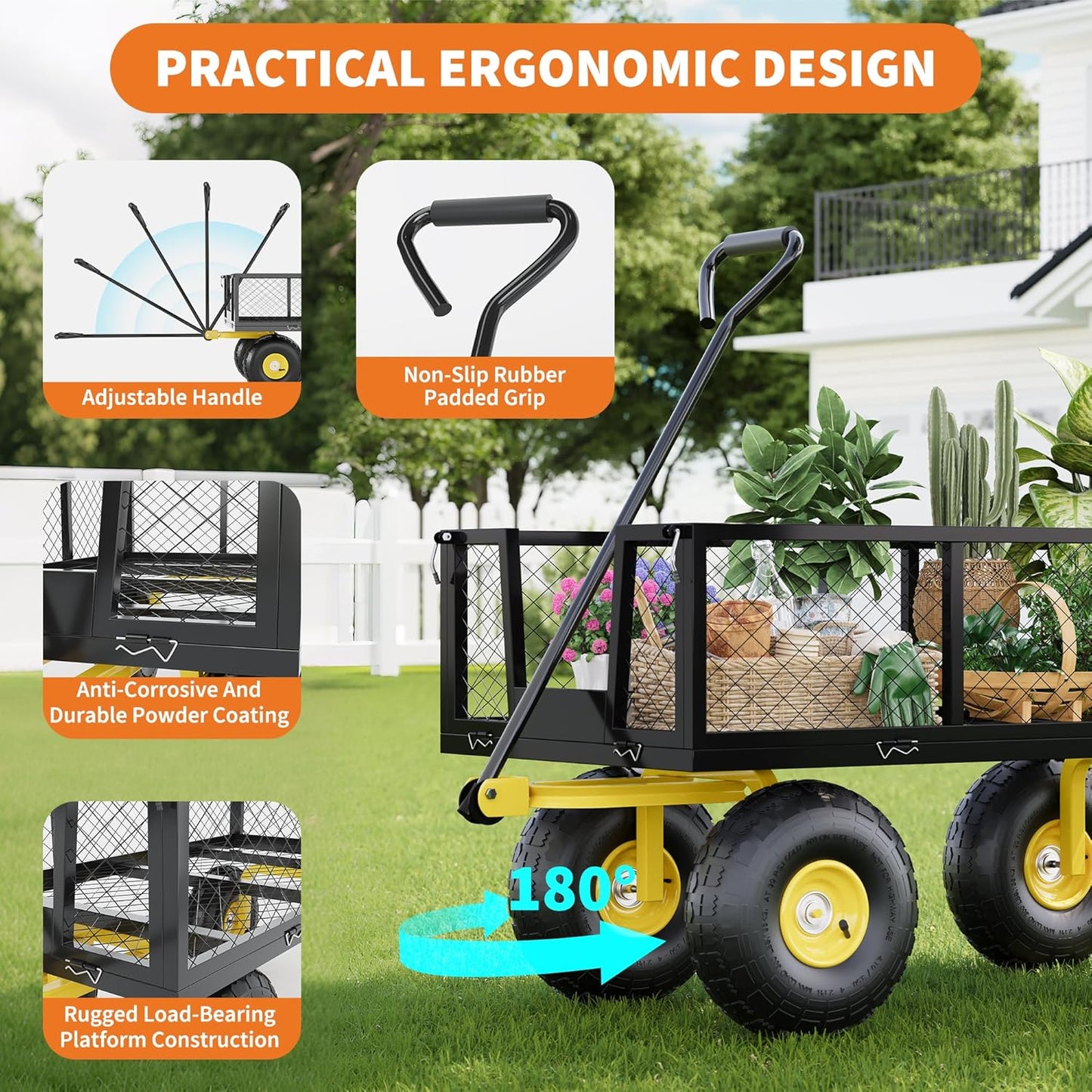 500 Lbs Garden Wagon, 2-in-1 Heavy-Duty Steel Garden Cart, with 10 Inch All-Terrain Tires and Removable Mesh Side Panels, 180° Rotating Handle, Metal Utility Yard Trailer, Outdoor Gardens Wagon Cart
