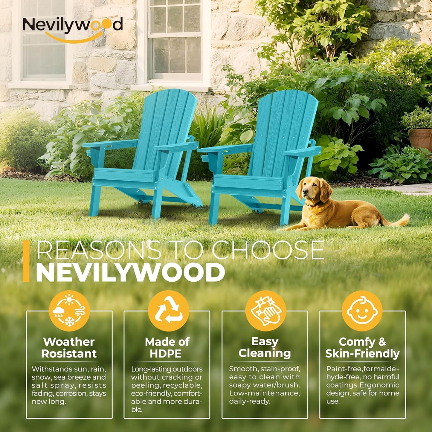 Folding Adirondack Chair - Extended Ergonomic Backrest, Cup Holder - Easy Assembly - Durable HDPE Plastic, Weather Resistant & Maintenance-Free - Lawn, Patio, Deck Supports 400lbs Aruba