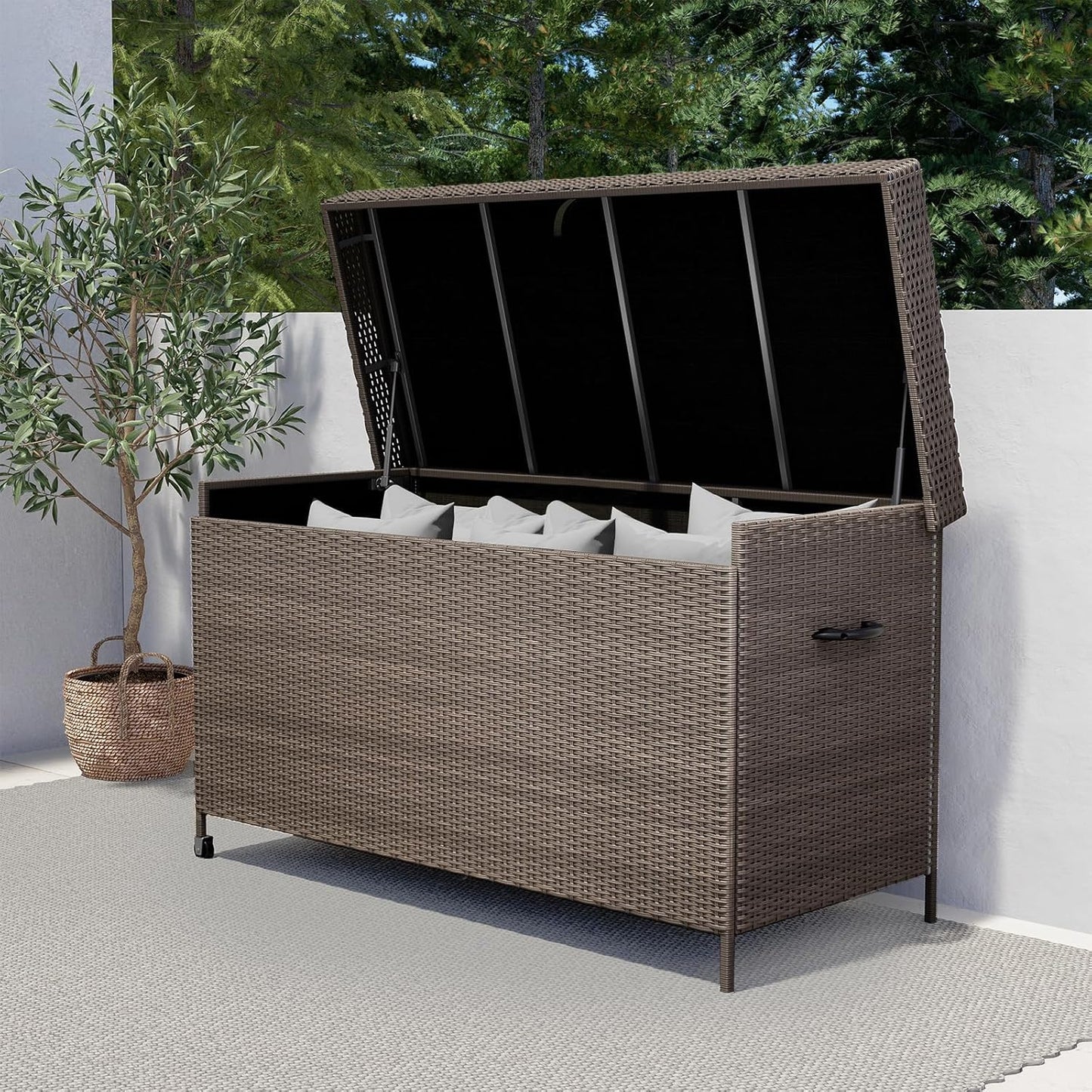Grand patio 170 Gallon Deck Storage Box Deck Box Outdoor Storage Box Indoor Wicker Storage Bin Patio Storage Box for Patio Furniture Cushions Garden Tools Pool Accessories, Light Brown