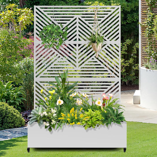 FENCY Metal Raised Garden Bed with Wheels and Trellis,73"x47"x16" Planter Box for Climbing Plants, Vegetables & Vines, Features Privacy Screen and Drainage Holes (White-Modern)