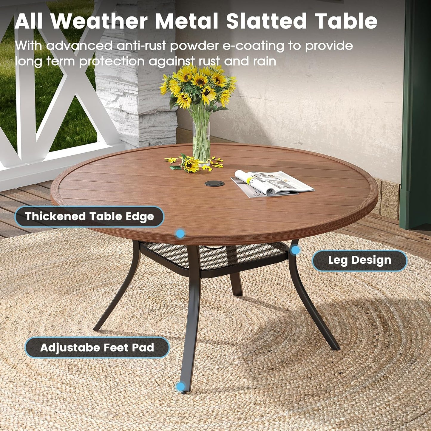 DIFY 48" Round Patio Dining Table for 6, All Weather Round Outdoor Metal Dining Table with 1.57" Umbrella Hole, Perfect for Backyard Lawn Garden, Walnut