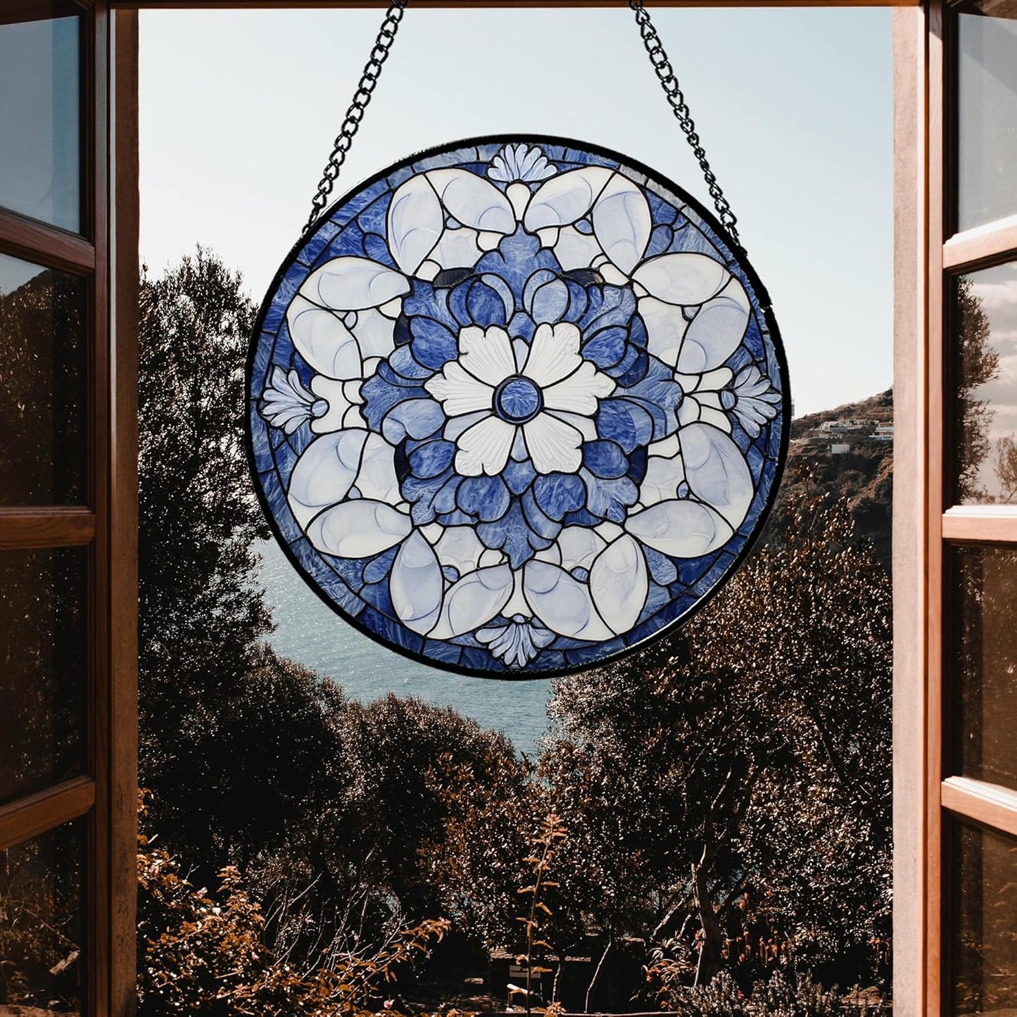 Stained Glass Window Hanging - Blue White Floral Pattern Suncatcher for Doors Garden Retro Sun Catchers Decor Christmas Mother's Day Birthday Gifts for Women Men Mom Nana Friend Girl 11.8 in