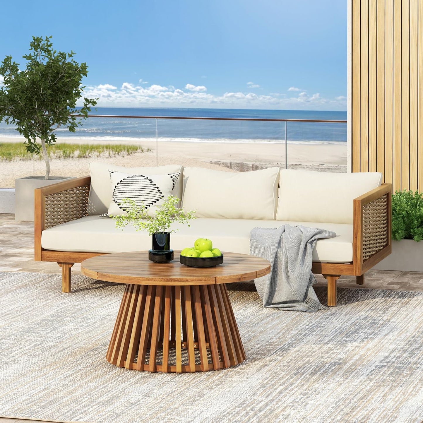 Christopher Knight Home Claremont Patio Sofa and Coffee Table Set, 2 Piece Wicker Patio Furniture Set, Acacia Wood 3 Seater Outdoor Sofa Daybed and Coffee Table Set, Teak+Beige