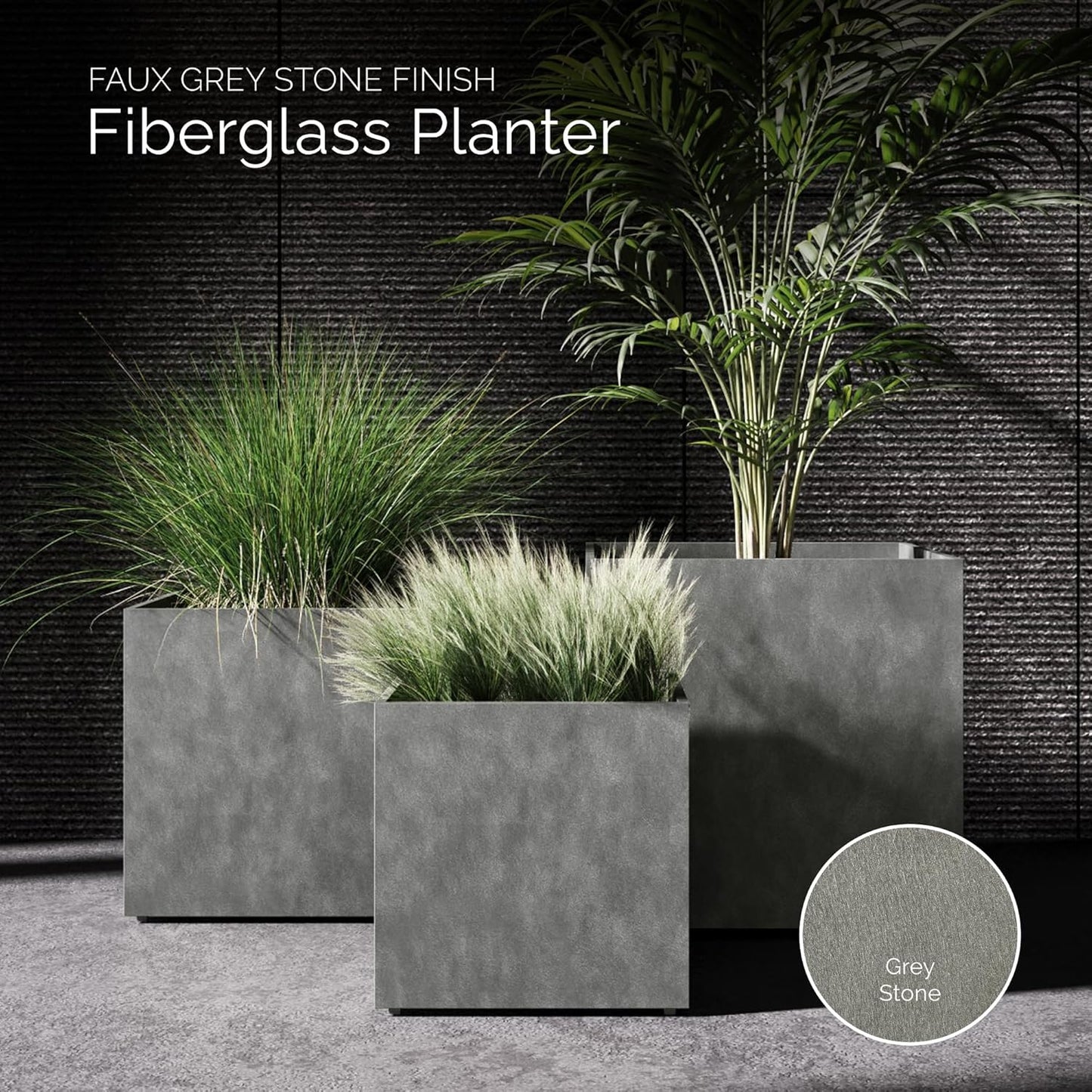 Reglito Cube Planter – Fiberglass Indoor/Outdoor and Weather-Resistant Large Planter (Grey Stone, 19.7" L x 19.7" W x 20.3" H)