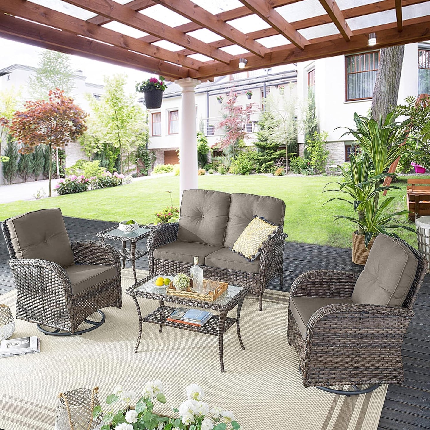 Outdoor Wicker Furniture Set with Swivel Chairs, 5 Piece Small Patio Conversation Sets with Rattan Loveseat Coffee Table for Patio Deck Porch Backyard, Grey Cushion