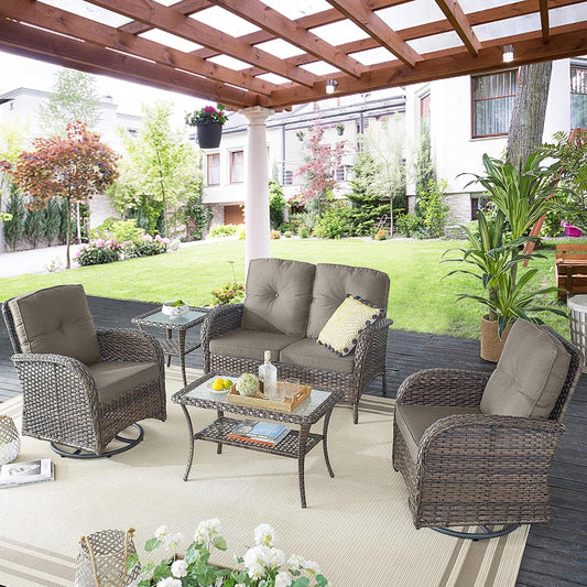 Outdoor Wicker Furniture Set with Swivel Chairs, 5 Piece Small Patio Conversation Sets with Rattan Loveseat Coffee Table for Patio Deck Porch Backyard, Grey Cushion