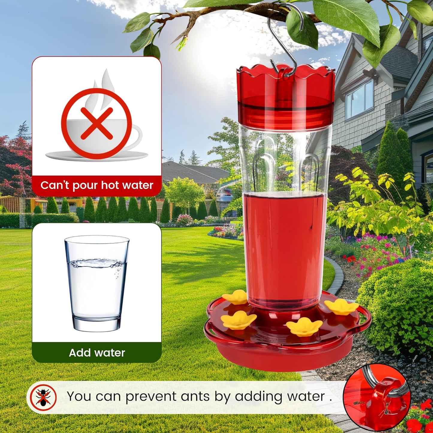 Plastic Hummingbird Feeders for Outdoors Hanging Ant and Bee Proof, 1 Pack 15 Ounces Red Hummingbird Feeder with 5 Feeding Ports and Perches, Built-in Ant Moat, Outside Garden Décor (Plastic, 1)