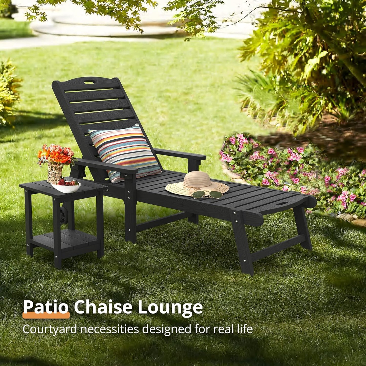 LUE BONA Chaise Lounge Chair with Table, 2-Piece,79'' Oversized HDPS Chaise Lounger, 5 Positions Adjustable Lounge Chairs, Pool Lounge Chair with Wheels for Poolside, Backyard, 3 Year Warranty, Black