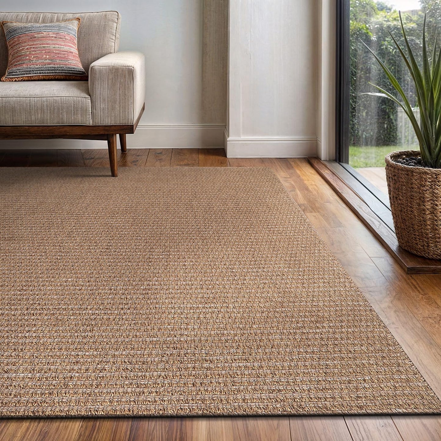 Easy Jute Rug 6x9 Indoor Outdoor Natural Rugs Solid Fiber Rug Woven Area Rug Boho Easy Clean Inside Carpet for Living Room Bedroom Dining Room Hallway or Outdoor Patio Porch (6 X 9 Natural)