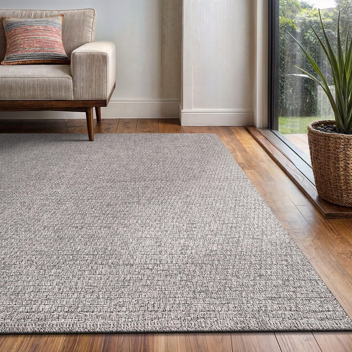 Easy Jute Rug 9x12 Indoor Outdoor Natural Rugs Solid Fiber Rug Woven Area Rug Boho Easy Clean Inside Carpet for Living Room Bedroom Dining Room Hallway or Outdoor Patio Porch (9 X 12 Silver)