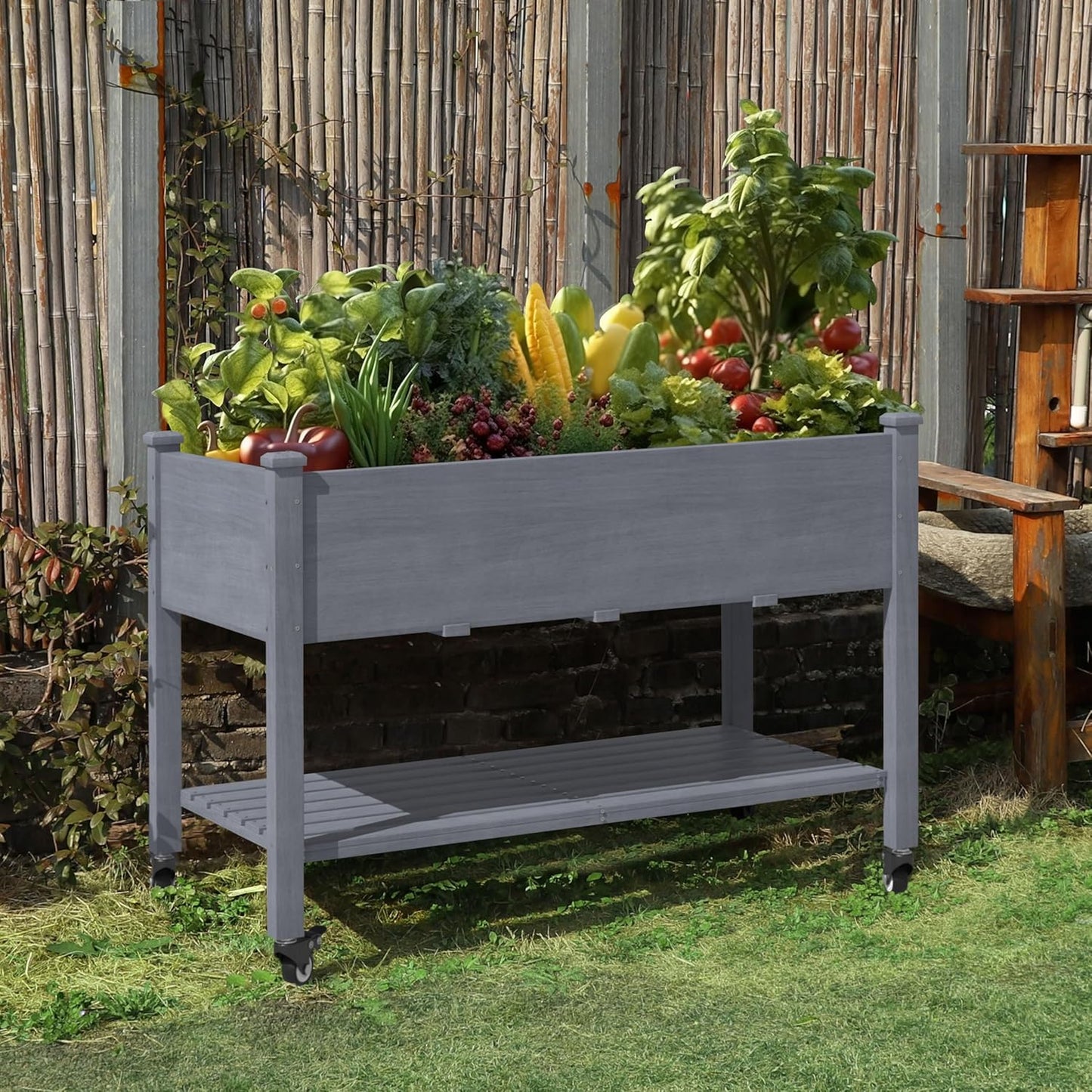MUPATER 4 x 2 Raised Garden Bed, Elevated Garden Bed with Drainage Holes, Planter Box with Four Wheels and Legs for Herbs and Vegetables, Greenhouse, Garden, Farm, Gray