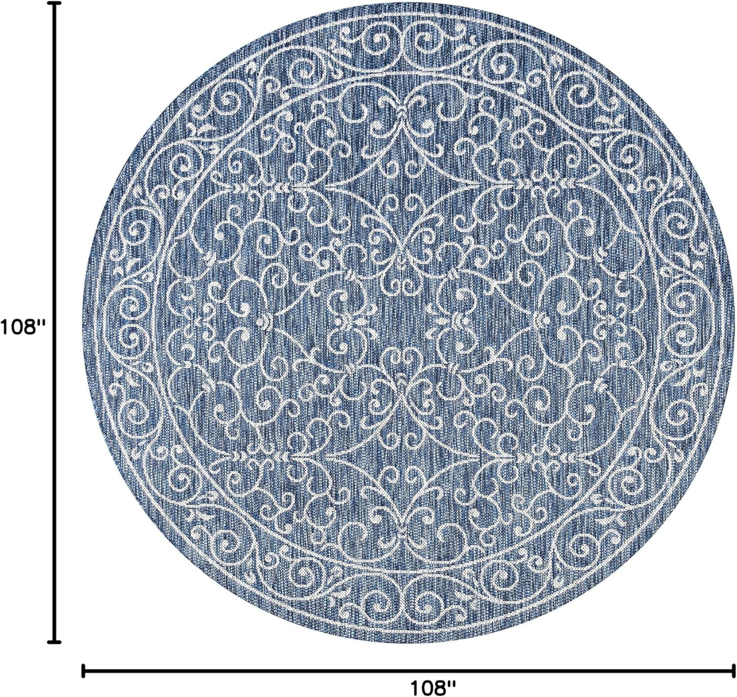 JONATHAN Y SMB106D-9R Charleston Vintage Filigree Textured Weave Navy/Gray 9' Round Indoor/Outdoor Area Rug, Pet Friendly, Non-Shedding, Stain Resistant, Easy-Cleaning for Backyard, Patio, Porch