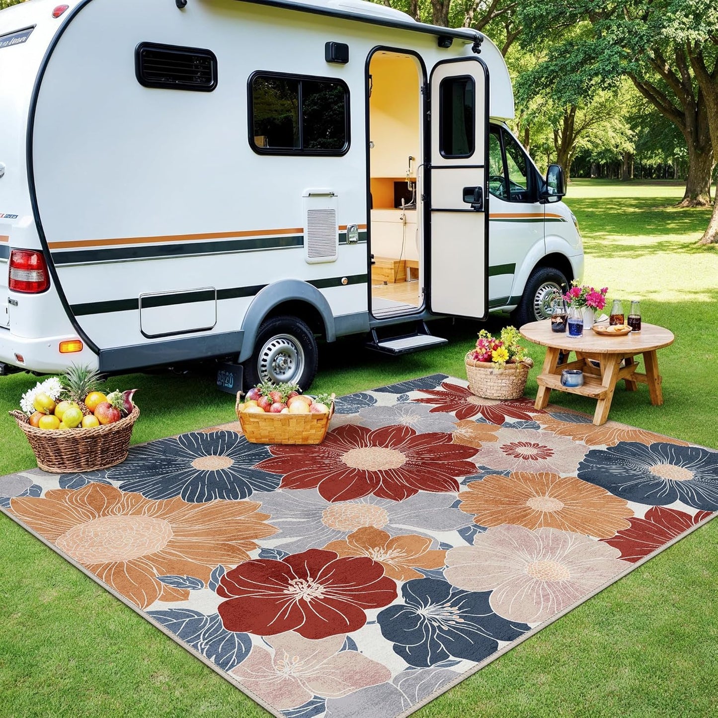 GENIMO Indoor Outdoor Area Rug 6' X 9' Waterproof, Washable Patio Rug Non Shedding, Easy Cleaning Floral Outdoor Carpet for Living Room, Bedroom, Dining Room, Balcony, Backyard, Deck, RV, Red Blue