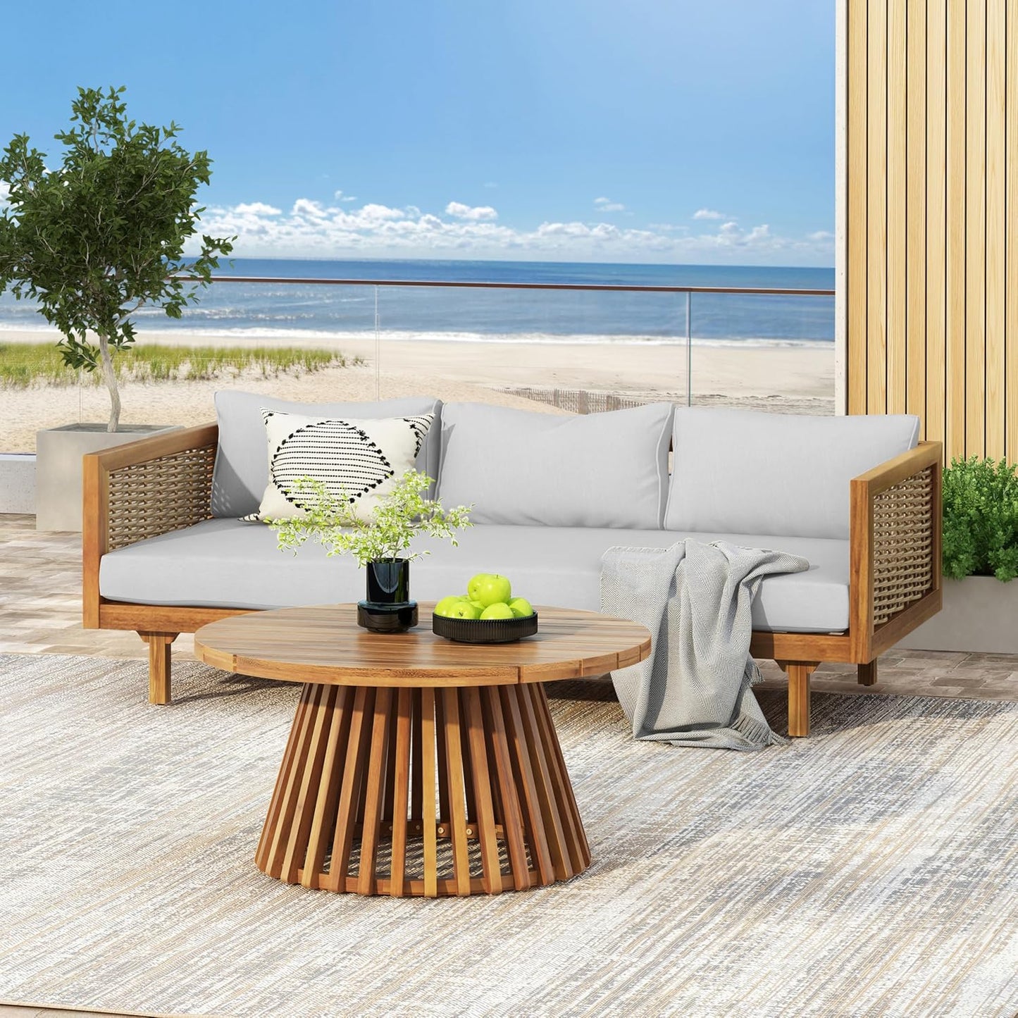 Christopher Knight Home Claremont Patio Sofa and Coffee Table Set, 2 Piece Wicker Patio Furniture Set, Acacia Wood 3 Seater Outdoor Sofa Daybed and Coffee Table Set, Teak+Light Grey