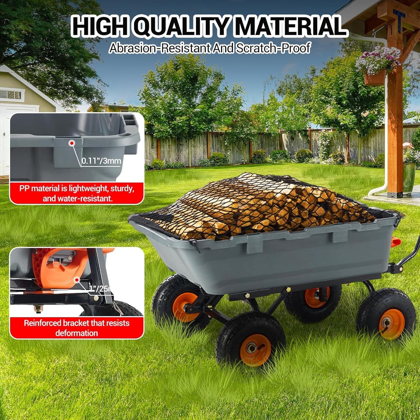 Garvee 800 lbs Poly Garden Dump Cart, Heavy-Duty Wheelbarrow with 10-Inch Tires, 180° Rotating Handle, Steel Frame and Quick Release System Garden Dump Cart for Soil Plants Gardening Tools Wood