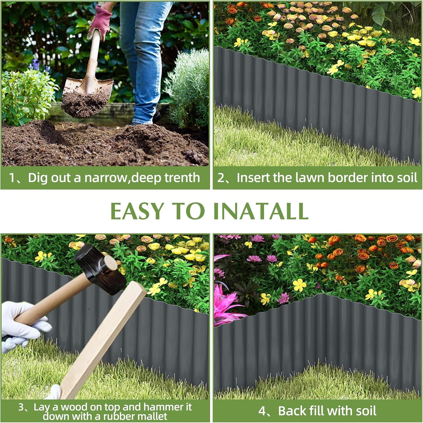 Metal Garden Edging Border, Corrugated Steel Landscaping, DIY for Lawn (Black, 8 Inch x 10FT)