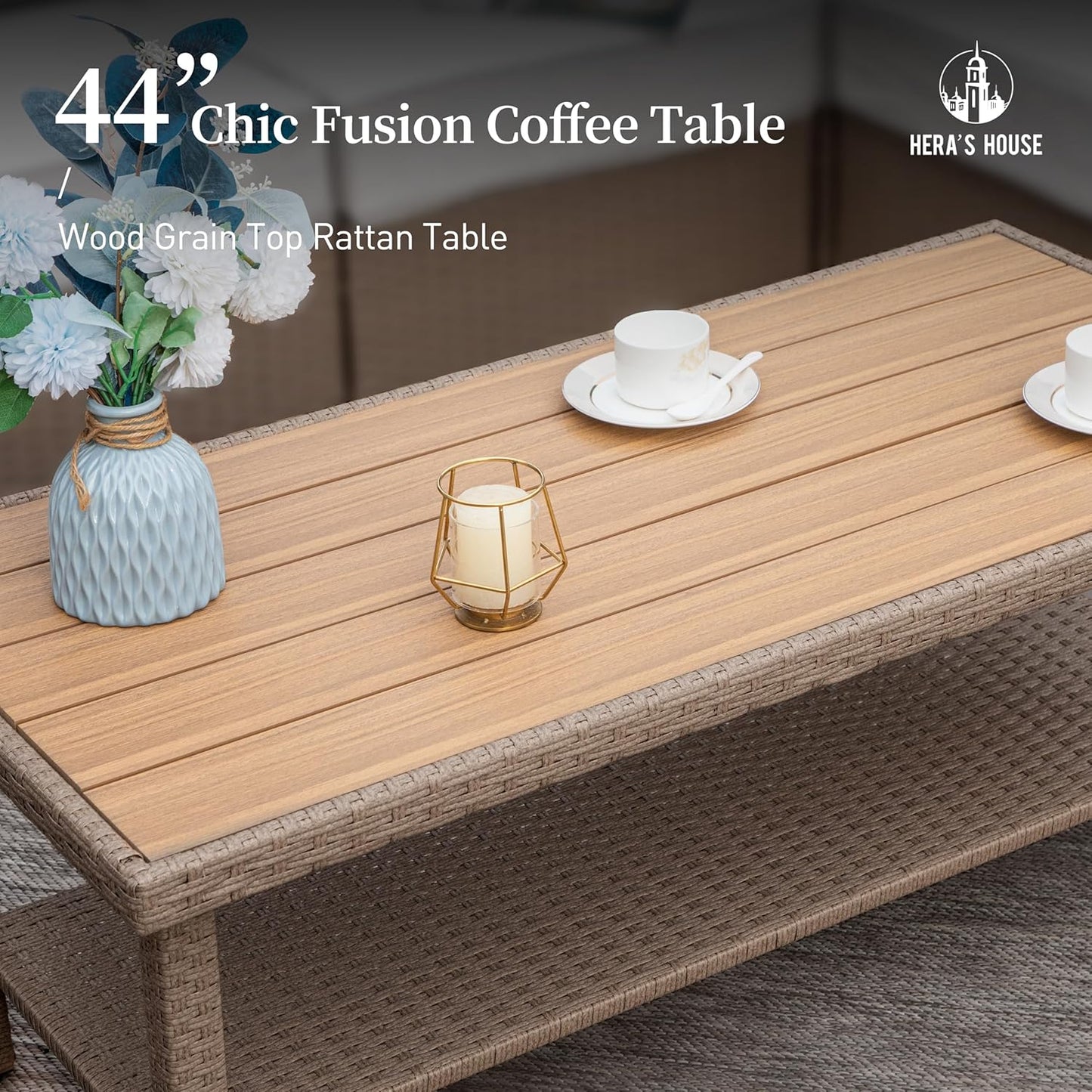 HERA'S HOUSE 6 Piece Patio Furniture Set, Outdoor Sectional Wicker Sofa with 44" Coffee Table, 5.5" Thick Waterproof Cushion All Weather 5 Seats Modular Conversation Couch Set for Garden Deck Backyard