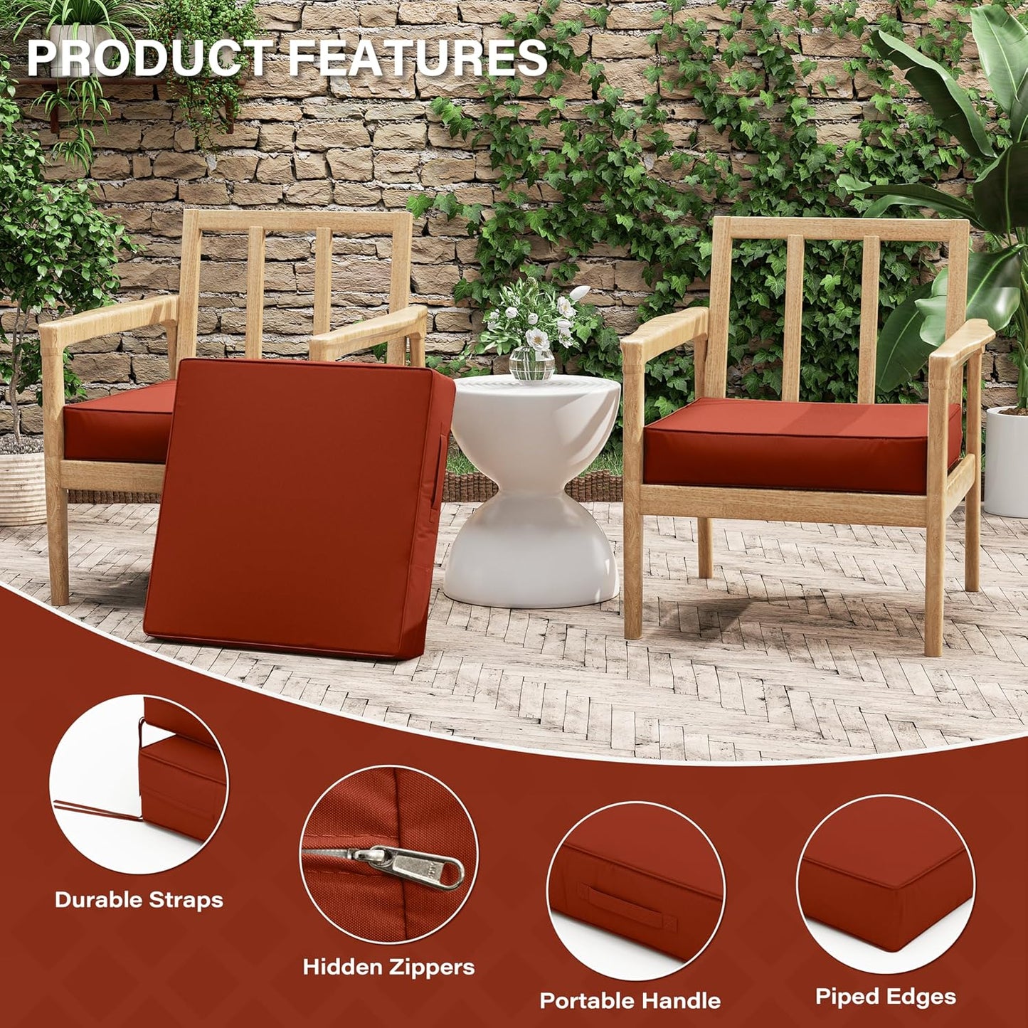 Patio Chair Cushions 22 X 22 X 4 Inch Waterproof Outdoor Seat Cushions for Patio Furniture, Outdoor Sofa Couch Pads with Ties & Handle, Set of 2, Terra Red