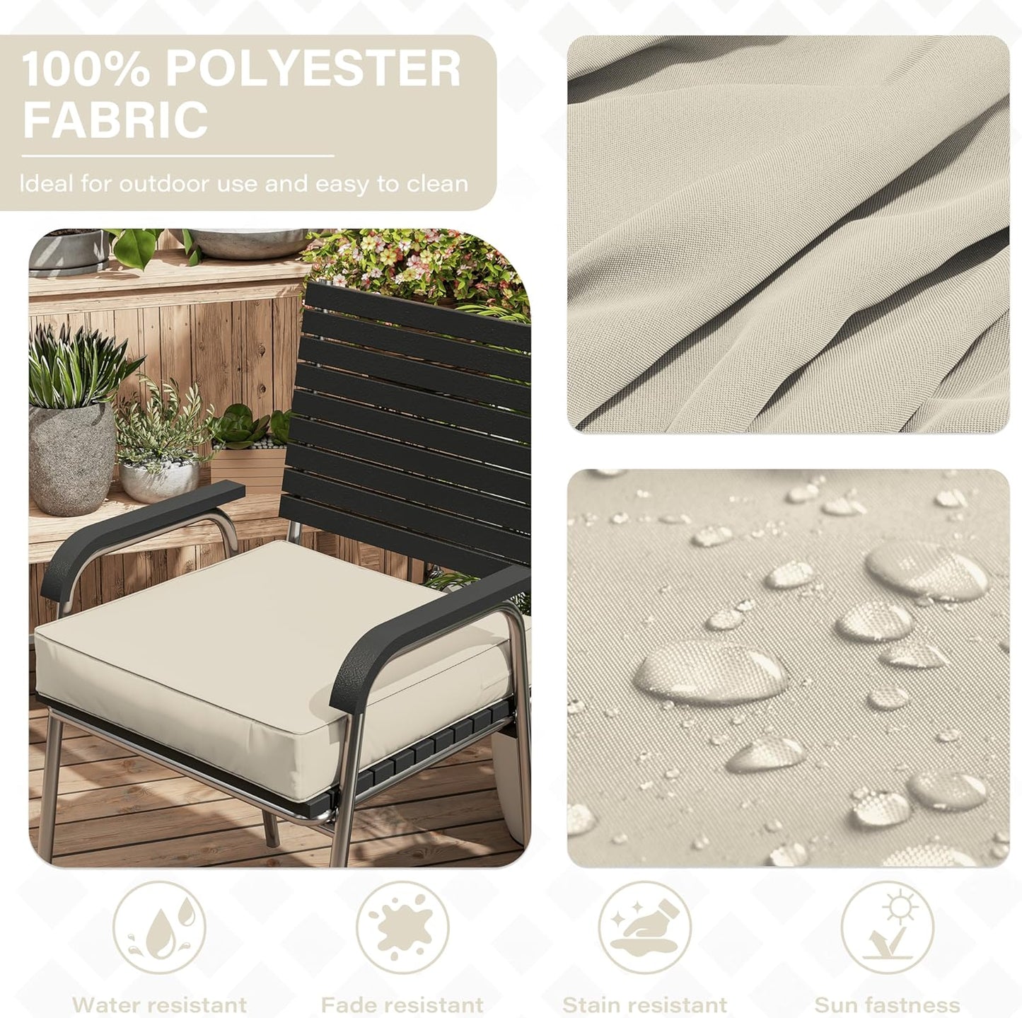 Patio Chair Cushions 22 X 22 X 4 Inch Waterproof Outdoor Seat Cushions for Patio Furniture, Outdoor Sofa Couch Pads with Ties & Handle, Set of 2, Cream